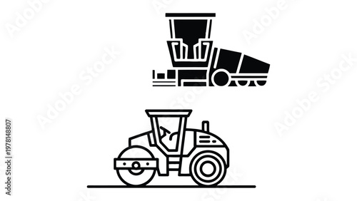 Industrial Icons: Featuring a minimalist graphic set, showcasing an asphalt paver and a road roller. Designed for use in industrial or construction projects.