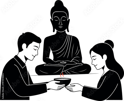 business team meditating with buddha statue for mindfulness