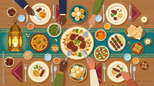 An inviting Flat Design vector illustration showcasing a festive Eid al-Adha dinner table filled with traditional dishes and decorations. This modern graphic emphasizes the joy of sharing and communal