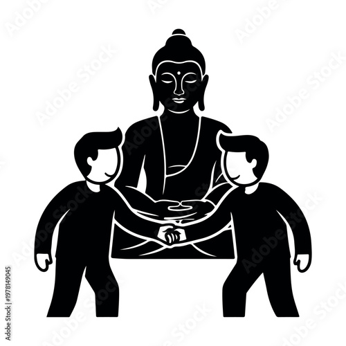 large buddha statue with four monks meditating in silhouette