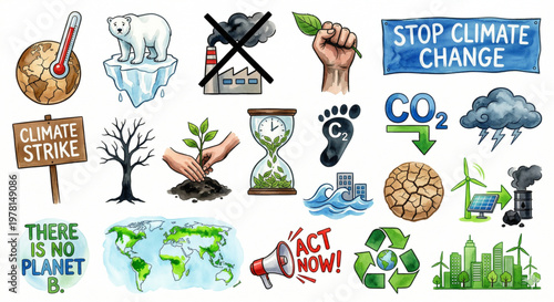 Climate Change Awareness Action Eco Watercolor Icons Vector