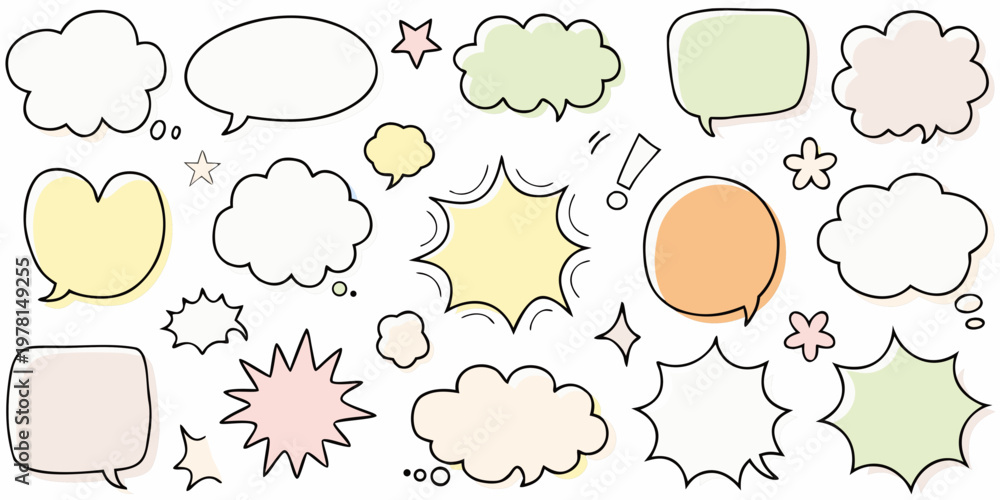 Fototapeta premium Collection of colorful hand drawn speech bubbles and decorative star elements