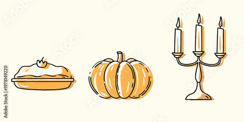 Autumn still life with pumpkins pie and elegant candle holders