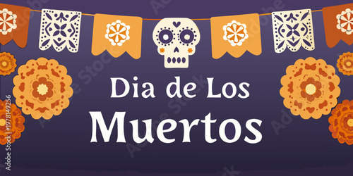 Dia de los Muertos celebration with colorful banners and sugar skull designs
