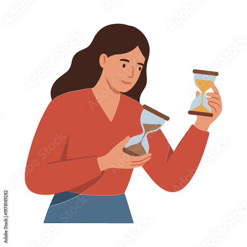 Woman examines two hourglasses closely indoors in an illustration.