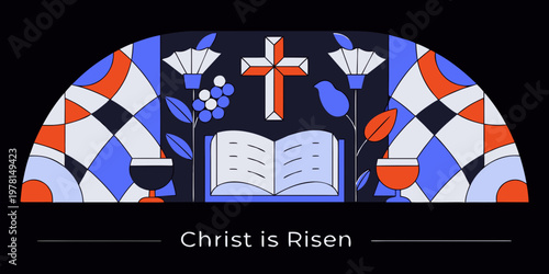 A stained glass depiction of christian religious symbols and easter message
