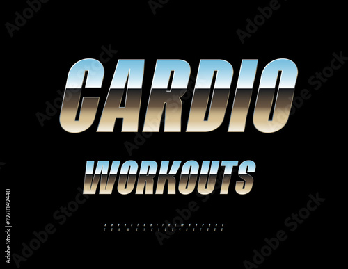 Vector Wellness emblem Cardio Workouts. Metallic Dynamic Font. Reflective Silver Alphabet Letters and Numbers set.