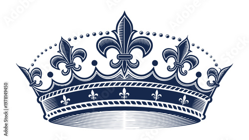 Elegant french style crown silhouette with fleur de lis royal crest decorative border and ornate details on white background