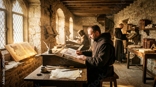 Medieval monk scribing illuminated manuscript in ancient stone scriptorium