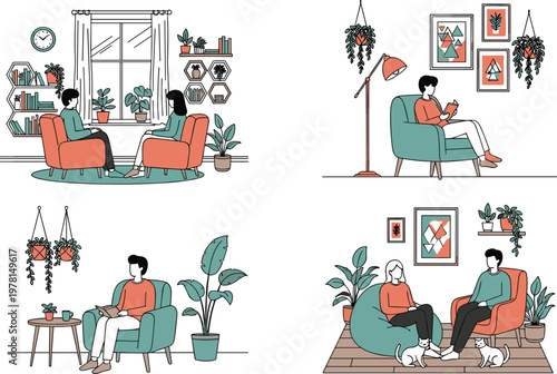 Cozy home interior lifestyle vector set featuring people relaxing in living room, reading books, indoor plants and modern home decor illustration