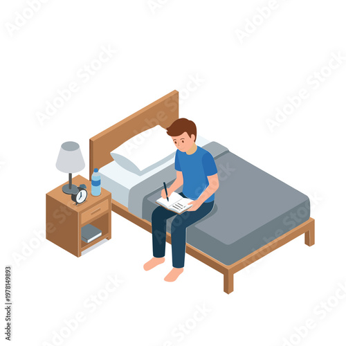 Man sitting on bed writing in notebook beside nightstand