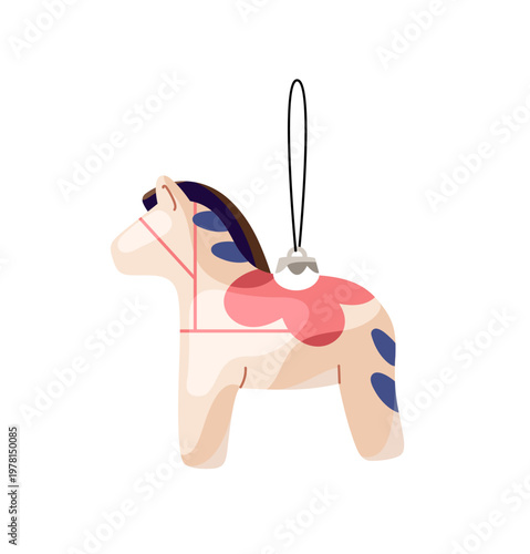 Xmas bauble with shape of horse. Porcelain figure hanging with string for Christmas tree decoration. New Year decor with animal form in retro soviet style. Flat isolated vector illustration on white