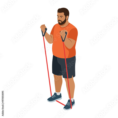 Man exercising with resistance band in gym for fitness and strength training