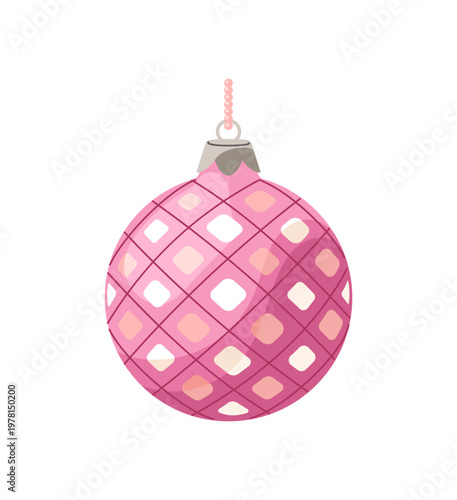 Shining glass ball for Christmas tree decoration. Glittering Xmas bauble. Retro New Year ornament. Vintage winter holiday decor in Soviet style. Flat isolated vector illustration on white background