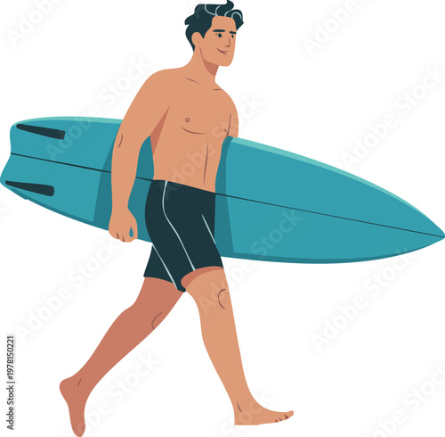A young man with dark hair, shirtless and wearing swim shorts, walks barefoot while carrying a blue surfboard under his arm, ready for the beach.