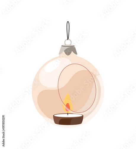 Christmas tree ornament. New Year glass ball with burning candle inside. Xmas bauble. Retro winter holiday decor. Festive Soviet decoration. Flat isolated vector illustration on white background