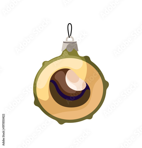 Vintage Christmas tree bauble. Retro Xmas ball with shape of chestnut. Soviet New Year decor. Design of winter holiday decoration, festive ornament. Flat isolated vector illustration on white