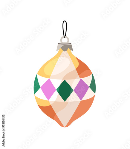 Retro Christmas tree ornament. Xmas glass ball, festive decor. Design of colourful patterned Soviet New Year bauble. Vintage winter holiday decoration. Flat isolated vector illustration on white