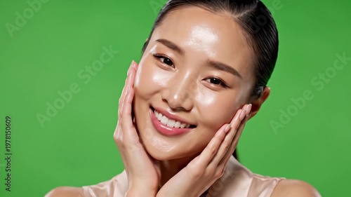 Beautiful Asian Woman with Glowing Skin Touching Face, Smiling, Green Screen Background
