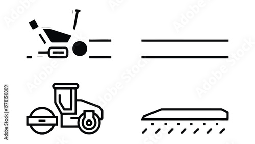 Road Construction Icons: A collection of simple, yet informative line icons. Depicting various stages of road construction. Including a line and roller.