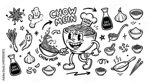 Vintage 1930s Retro Mascot Chow Mein Chinese Fried Noodles Illustration Set