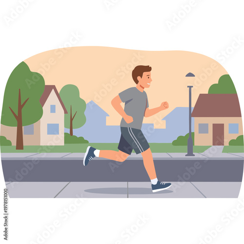 Man jogging quickly down suburban street with houses and trees