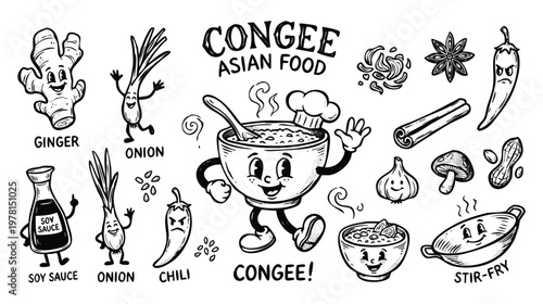 Vintage 1930s Retro Mascot Congee Asian Rice Porridge Illustration Set