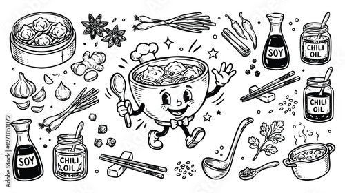 Vintage 1930s Retro Mascot Wonton Soup Chinese Dumpling Illustration Set 