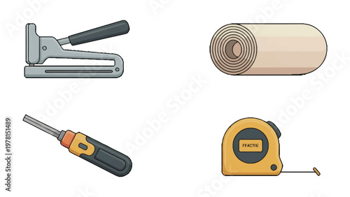 Tools of the Trade: A collection of essential tools for construction and DIY projects, including a staple gun, a roll of paper, a screwdriver, and a measuring tape, arranged on an isolated backdrop.