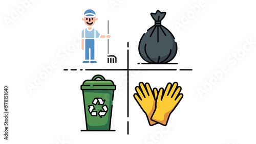 Cleaning Icons: A set of essential icons for cleaning, waste disposal and recycling. Showcasing the tools and actions involved in keeping environment clean and tidy.