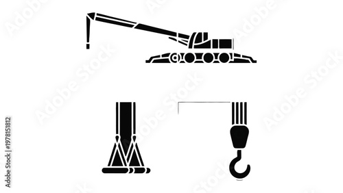 Heavy Machinery Silhouette: A detailed black and white illustration of heavy machinery, showcasing a powerful crane, essential for construction and industrial applications.