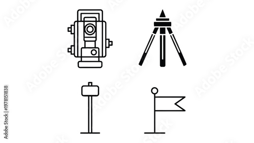 Surveying Tools: A minimalist illustration showcases a collection of essential surveying instruments, meticulously designed to aid in precise measurements and land assessments. 