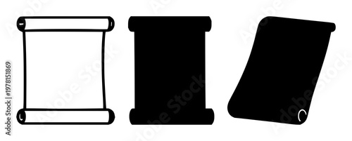 Smart contract digital scroll set with solid black icon on white background featuring minimalistic design, line art, iconography with blockchain and transparency