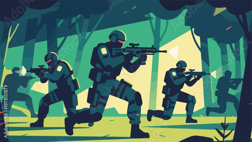 Illustration Of A Special Forces Team Tactical Operation In The Forest Vector Design Template