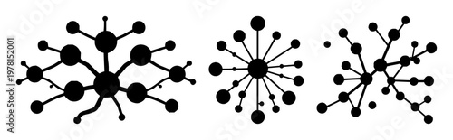 Neural network set with solid black icon on white background featuring branching nodes, digital, connectivity with line art and minimalist