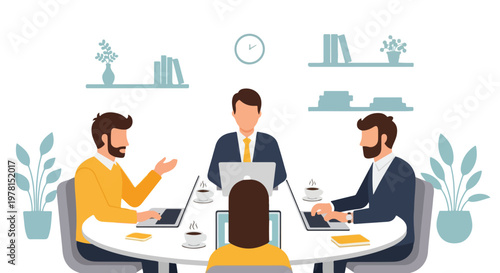 A group of four professionals is engaged in a business meeting around a table equipped with laptops and coffee in a modern office.