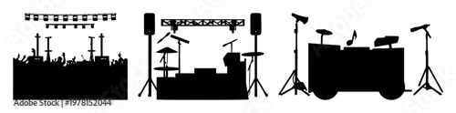 Music festival set with solid black icon on white background featuring music, festival, iconography with event and entertainment
