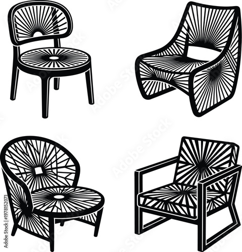Four distinct stylized black and white chairs featuring intricate radial patterns and detailed textures on a plain background, professional composition.