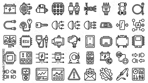Automotive electrical system icons set car battery starter circuits dashboard