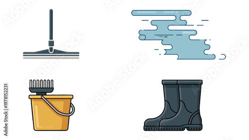 Cleaning Essentials: a collection of illustrations featuring cleaning tools.