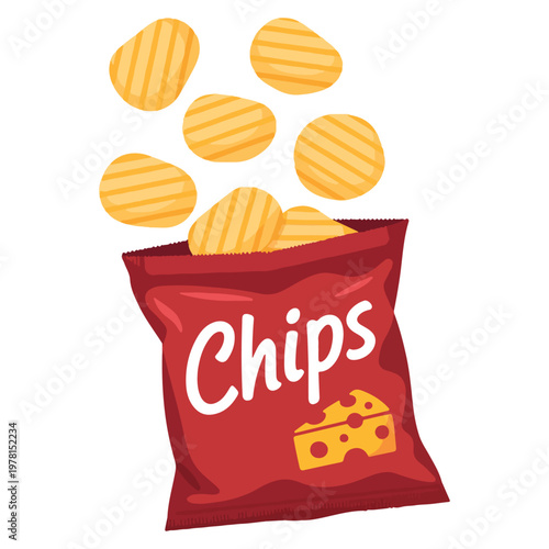 Potato Chips in Red Bag with Cheese Flavor Vector Illustration. Cheese Flavored Crisps in Open Red Snack Pack Isolated on White. Savory Cheese Snack Bag Vector for Food Menu and Advertising. 