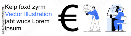 Business, finance, ideas, creativity, innovation, technology. A large euro symbol surrounded by a person holding a light bulb and another using a computer. Business and creativity theme