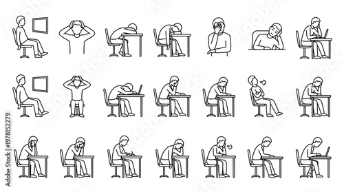 Depressed person silhouettes displaying sadness and frustration in various poses