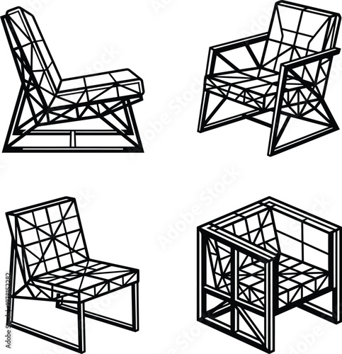 Four abstract geometric wireframe chair designs in black and white, showcasing modern minimalist furniture vector art with high resolution details.