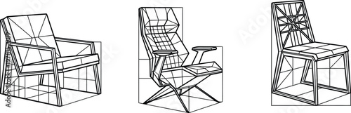 Modern chair designs, rendered as clean wireframe 3D models, highlighting their intricate geometric structures and professional composition.