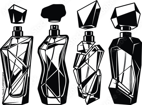 Stylish vector graphic showcasing an array of modern, multifaceted perfume bottles and their detached tops, high-resolution illustration.