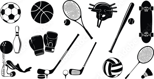 Black and white sports equipment collection a variety of athletic gear
