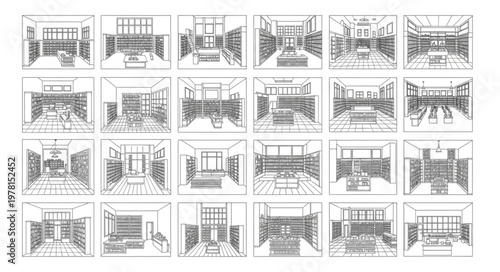 Collection of architectural sketches of interior spaces.