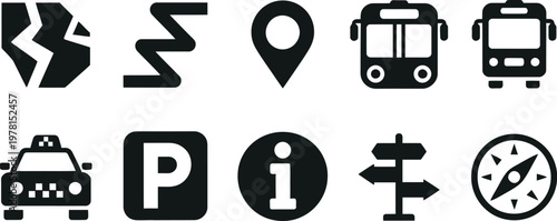 Map and Navigation Silhouette Icon Set, Wayfinding and Direction Graphics Collection for GPS, Location, Route Planning, Travel Maps and Mobile App Interface Design, Vector Illustration