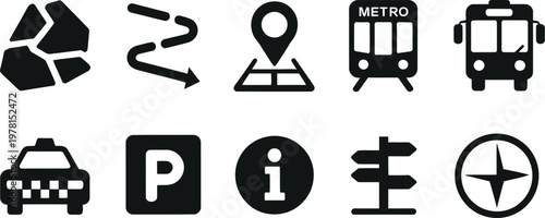 Map and Navigation Silhouette Icon Set, Wayfinding and Direction Graphics Collection for GPS, Location, Route Planning, Travel Maps and Mobile App Interface Design, Vector Illustration